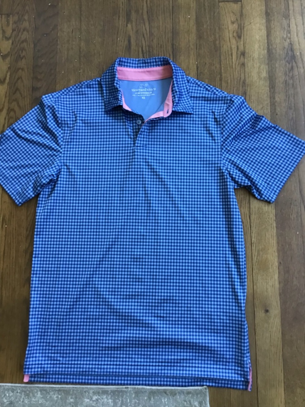 Vineyard Vines Blue Gingham Polo with Pink Trim